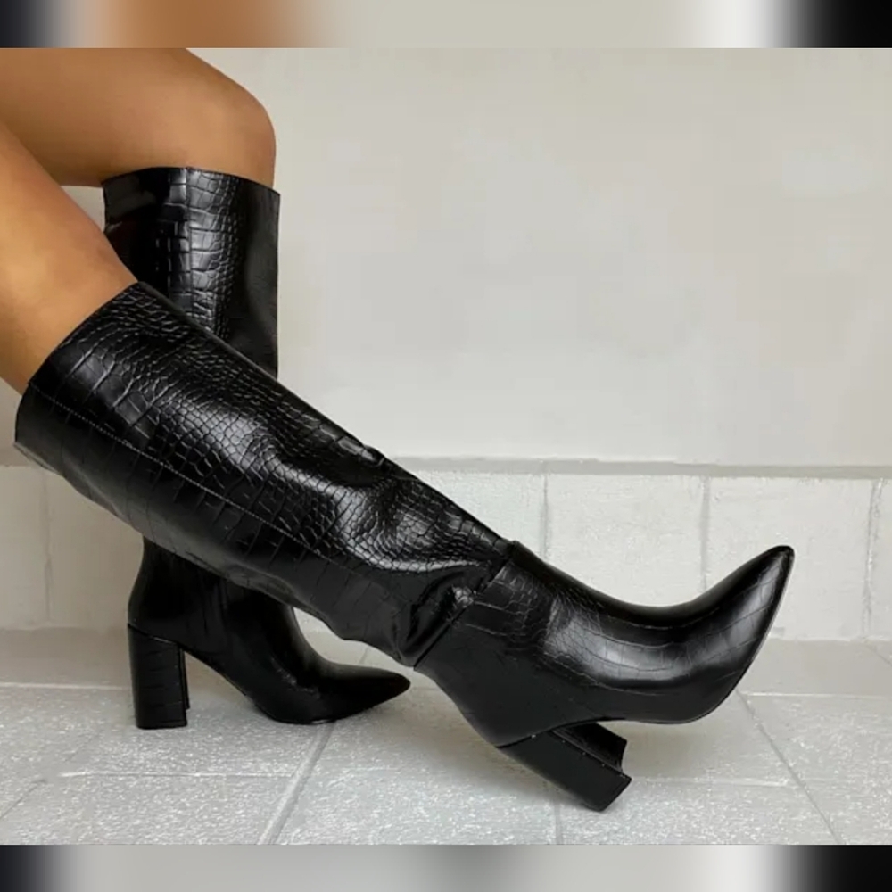 Lulu's Black Croc-Embossed Heeled Boots